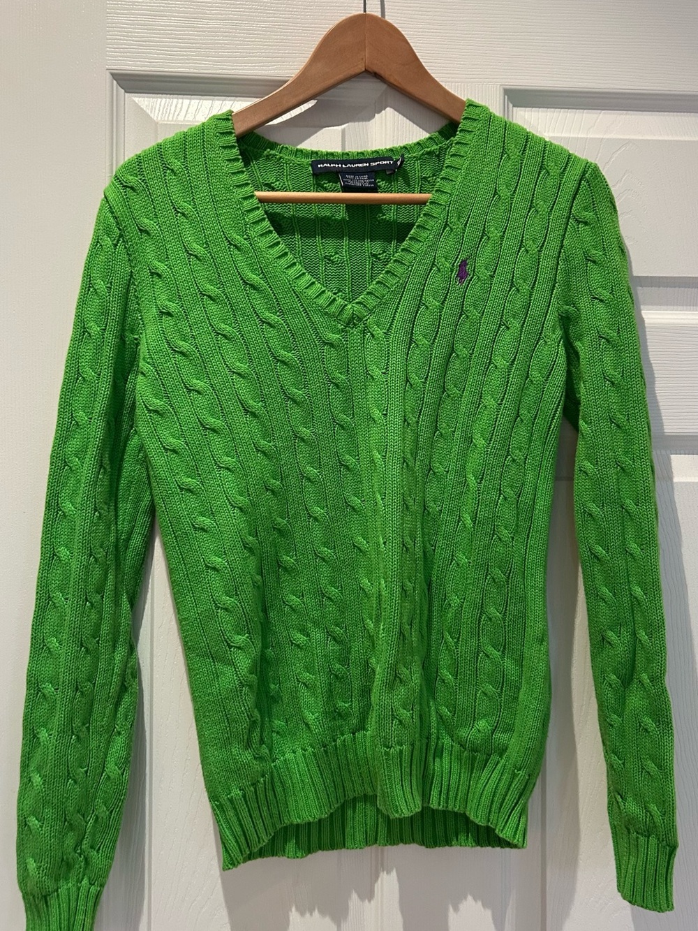 Ralph Lauren Bright Green Cable-Knit V-Neck Sweater